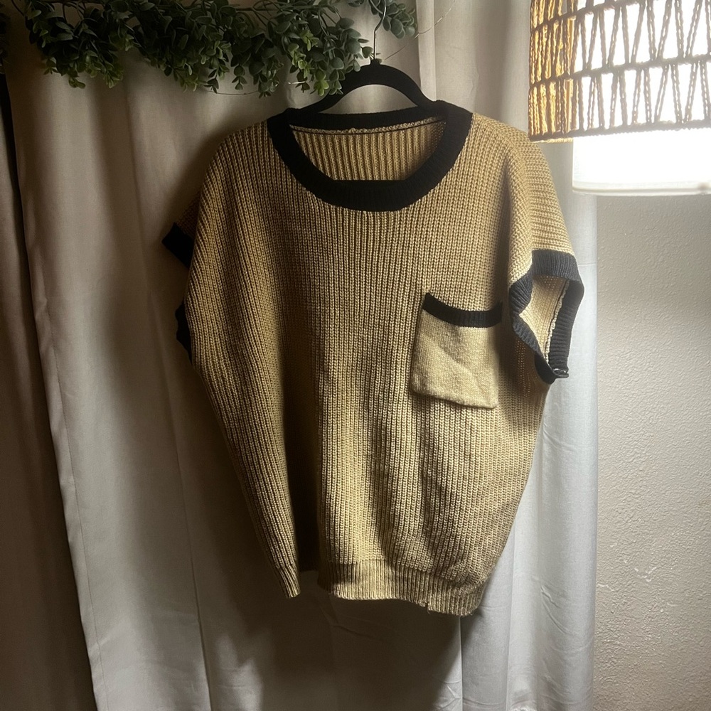 Tan and Black Knit Sweater with Pocket